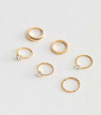 Pack of 6 Gold Tone Diamanté Rings 