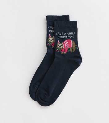 Blue Christmas Sloth Illustration Socks