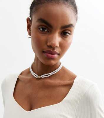 Gold Tone Faux Pearl Choker Necklace 