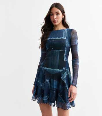 Blue Denim Print Tie Back Mesh Mini Dress