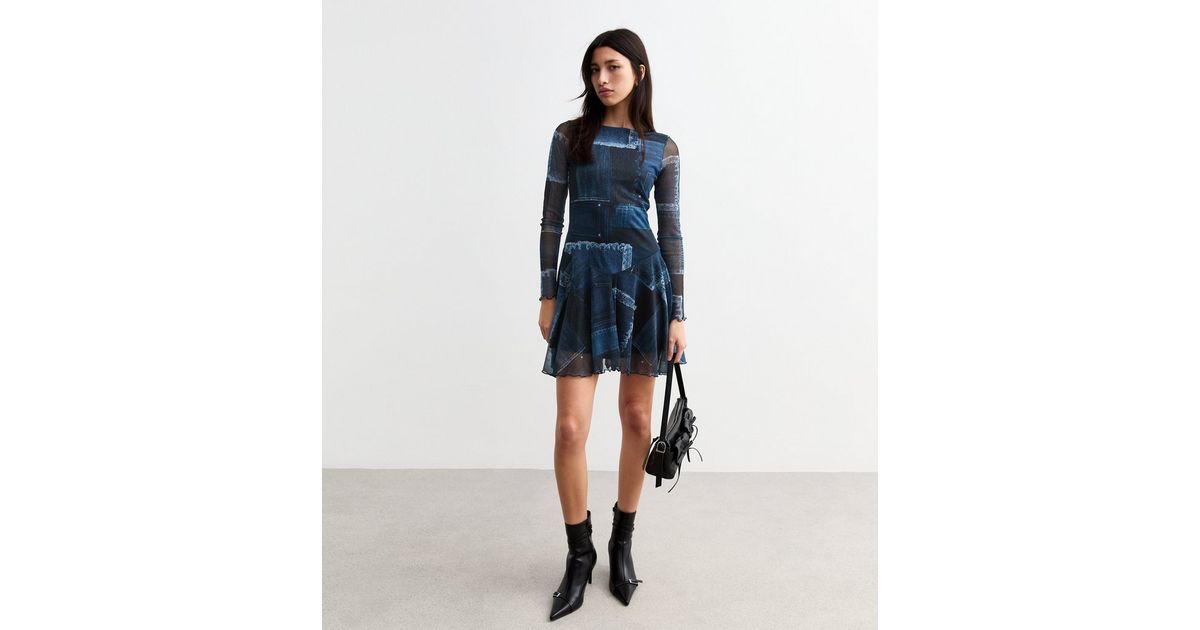 Blue Denim Print Tie Back Mesh Mini Dress | New Look