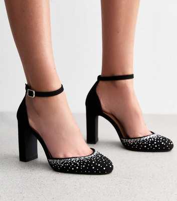 Wide Fit Black Diamantè Embellished Suede Court Shoes