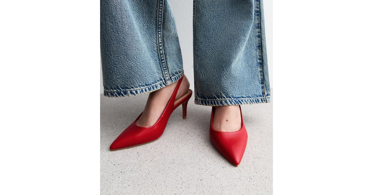 Red Wide Fit Patent Heeled Slingback Court Shoes New Look