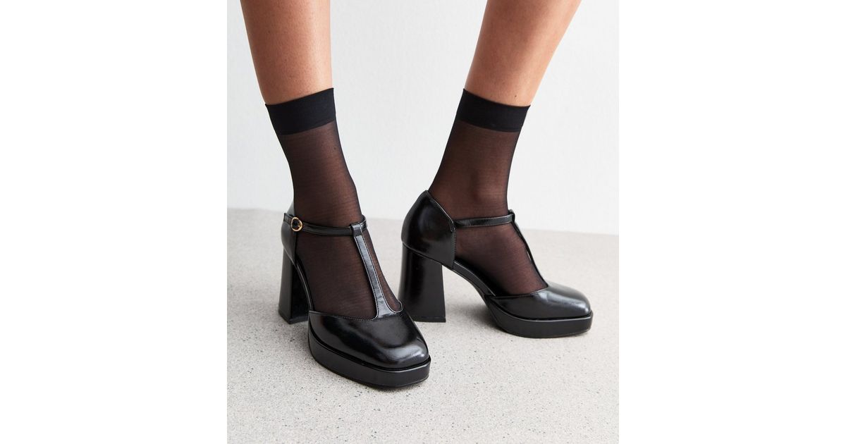 Black T Bar Faux Leather Platform Court Shoes New Look