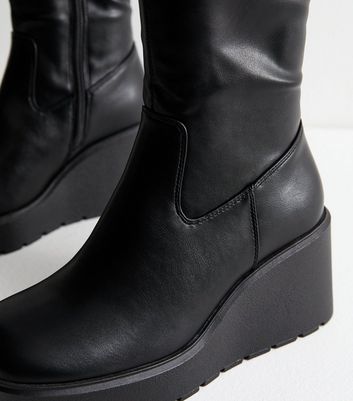 Wide Fit Black Faux Leather Wedge Heel Boots