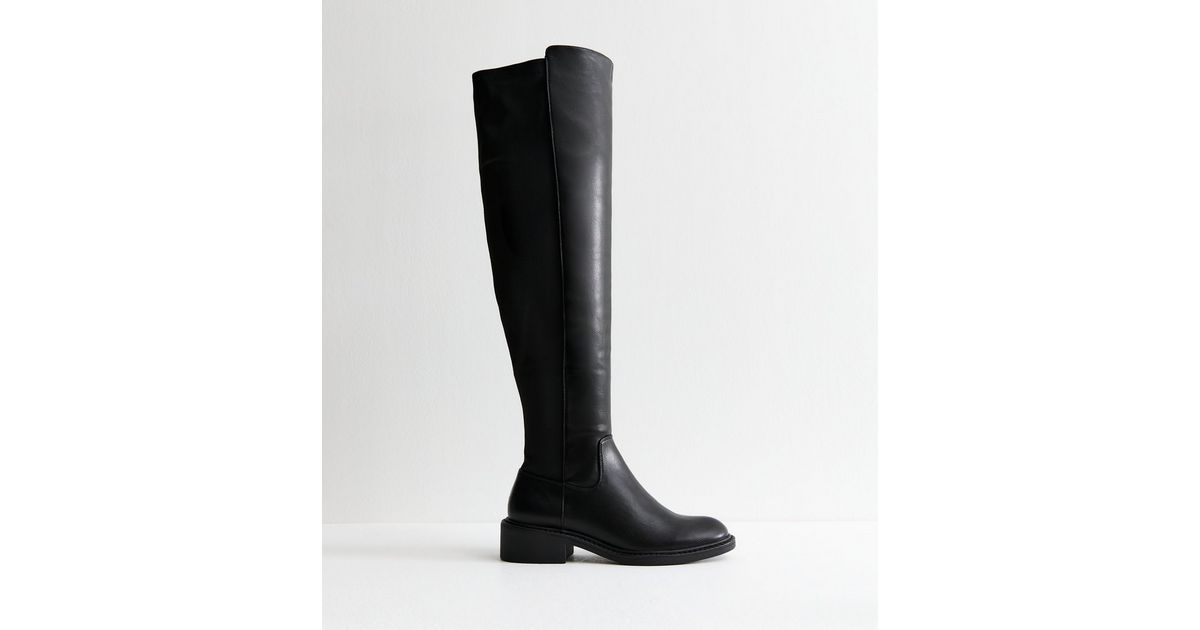 Black Contrast Panel Faux Leather Over The Knee Boots | New Look