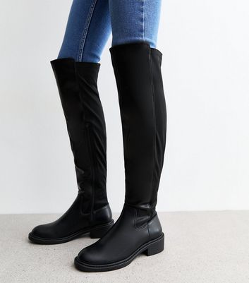 Black Contrast Panel Faux Leather Over The Knee Boots New Look