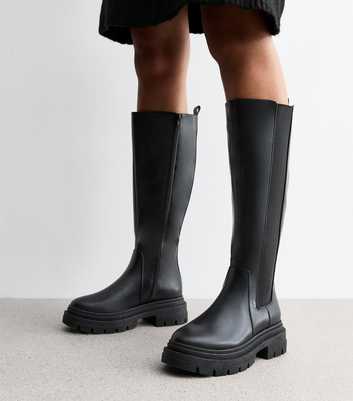 Black Leather Look Knee High Boots