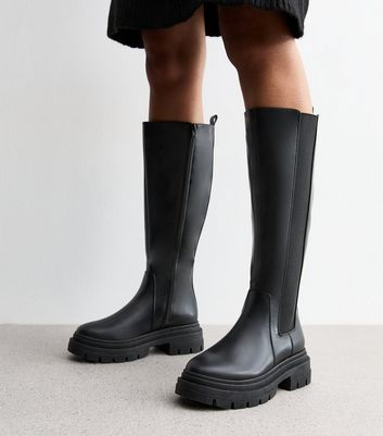 Black Leather Look Knee High Boots New Look