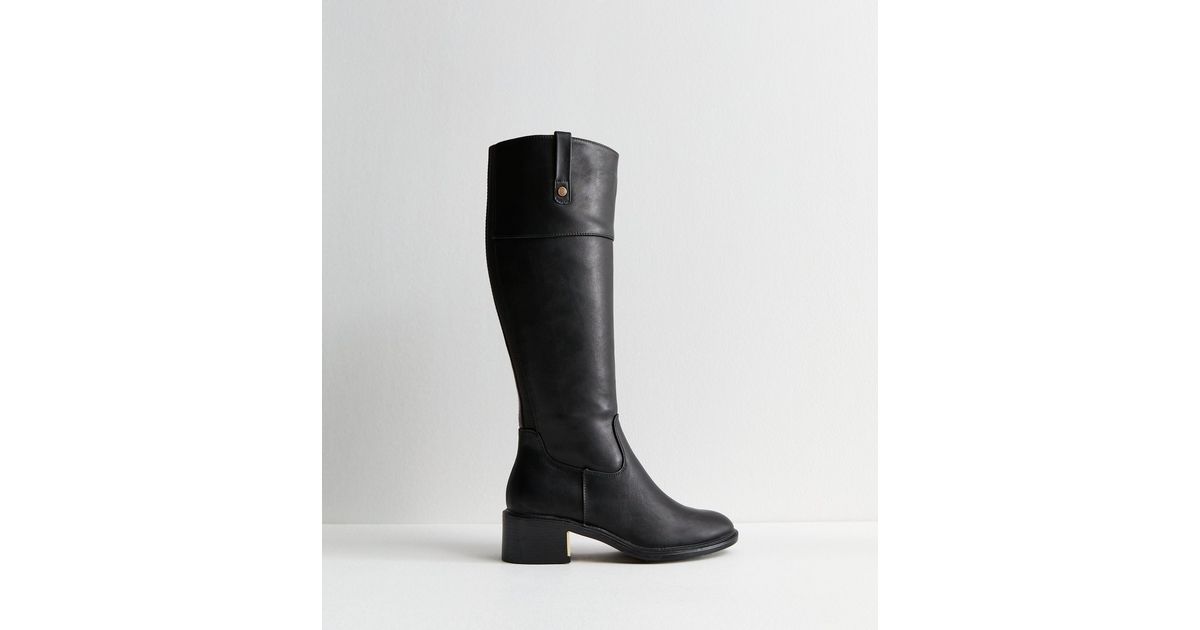Black Faux Leather Knee High Boots New Look