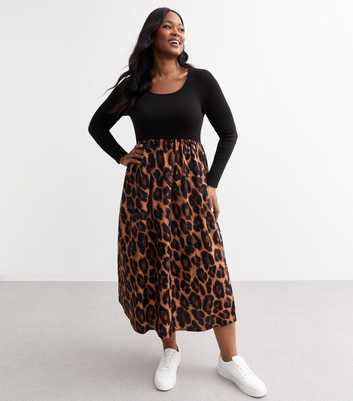 Curves Black Leopard Print Long Sleeve Mix Midi Dress