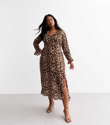 Curves Brown Leopard Print Ruffle Trim Midi Dress