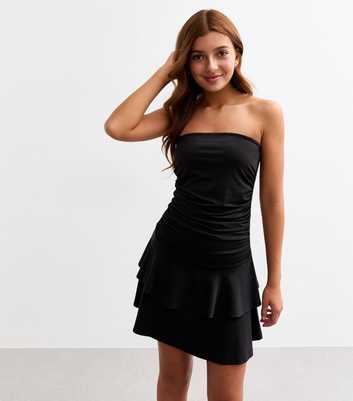 Girls Black Ruched Strapless Rara Dress