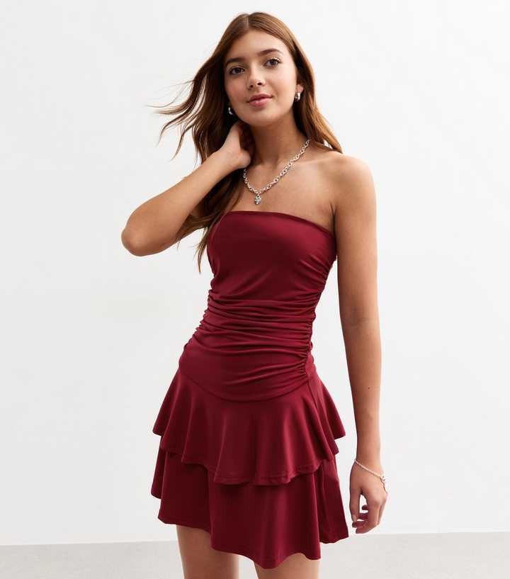 Girls Burgundy Ruched Strapless Rara Dress