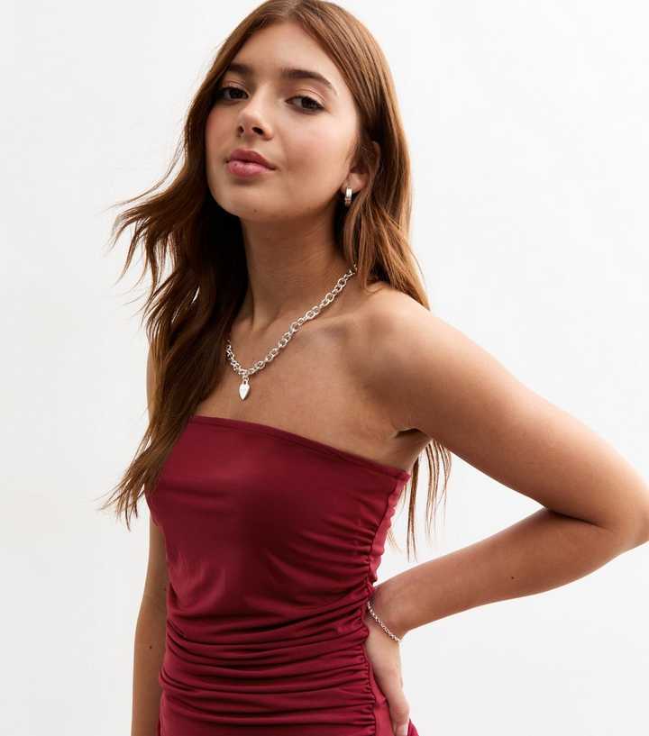 Girls Burgundy Ruched Strapless Rara Dress Girls Burgundy Ruched Strapless Rara Dress