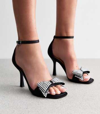 Black Diamantè Bow Satin Heeled Sandals