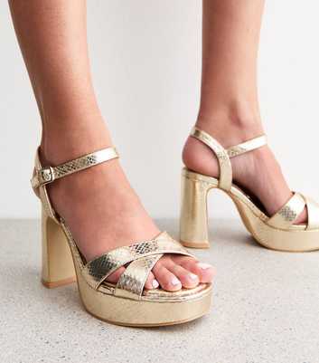 Wide Fit Gold Snake Effect Platform Sandals