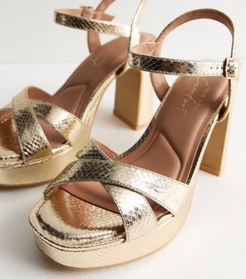 Wide Fit Gold Snake Effect Platform Sandals