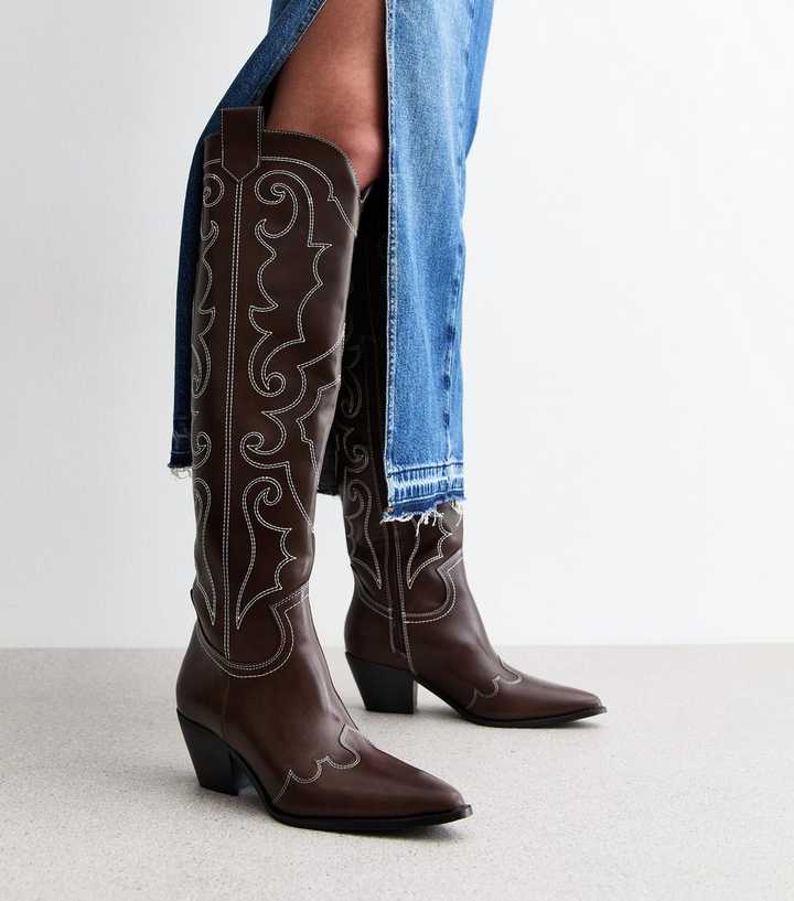 Dark Brown Western Faux Leather Knee High Boots New Look