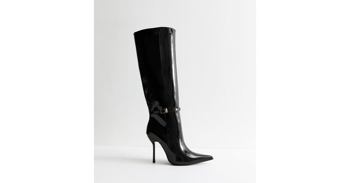 Black Patent Stiletto Heel Knee High Boots New Look
