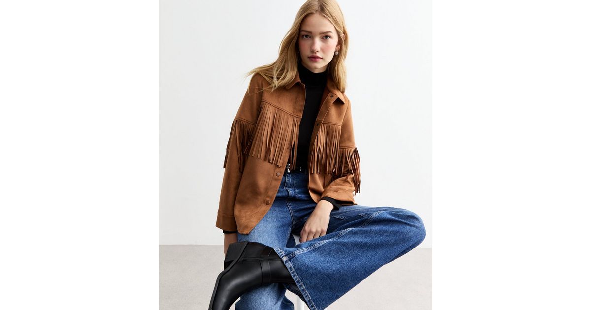 Tan Fringed Suedette Shacket New Look