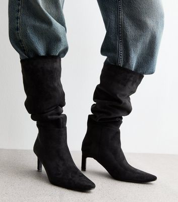 Black Kitten Heel Faux Suede Knee High Boots New Look