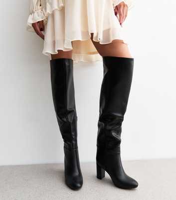 Black Faux Leather Heeled Knee High Boots