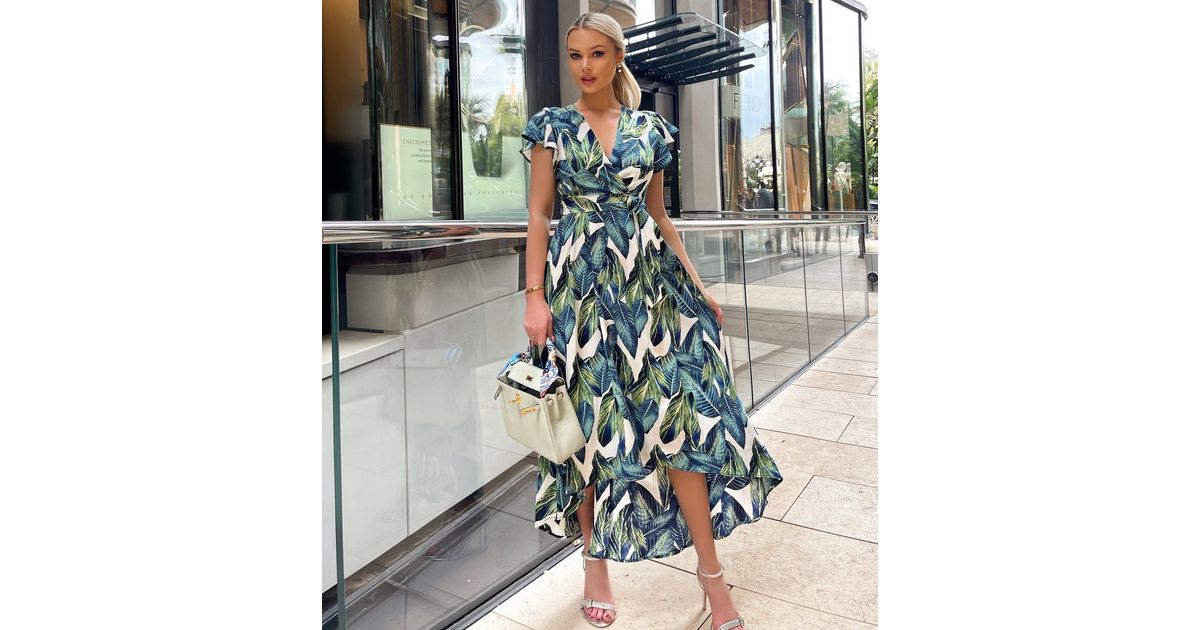 green emerald velvet dress Green And Blue Abstract Print Short Sleeve Belted Wrap Midi Dress – AX Paris main image 0