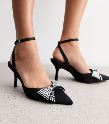 Black Diamante Bow Satin Court Shoes New Look