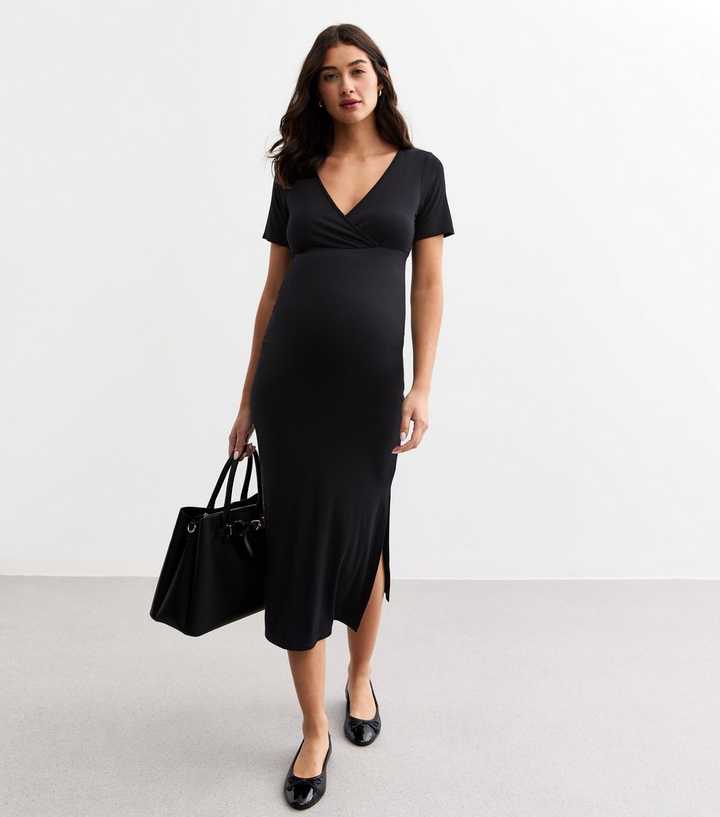 Maternity Black Jersey Wrap Style Nursing Midi Dress