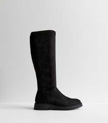 Wide Fit Black Suedette Zipped Knee High Boots