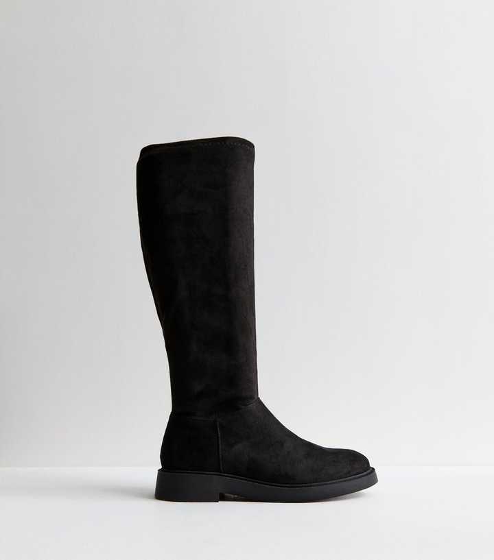 Wide Fit Black Suedette Zipped Knee High Boots | New Look