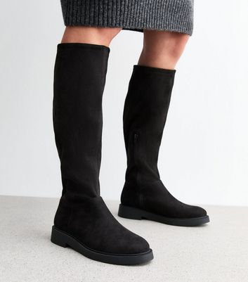 Wide Fit Black Suedette Zipped Knee High Boots