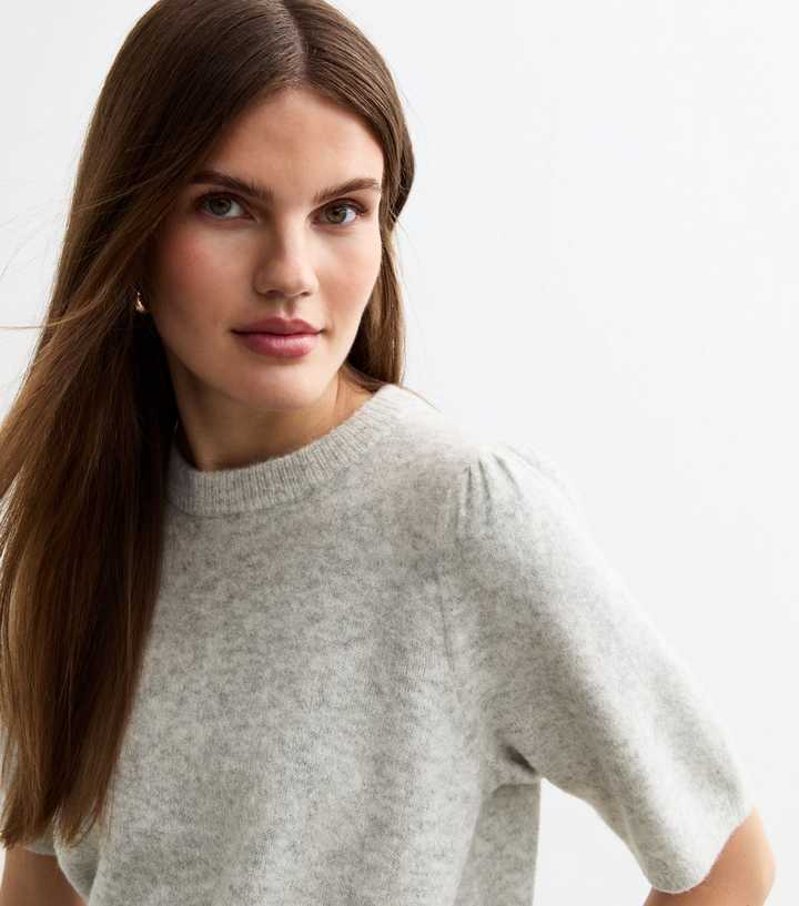 Light Grey Puff Sleeve Knit Top 