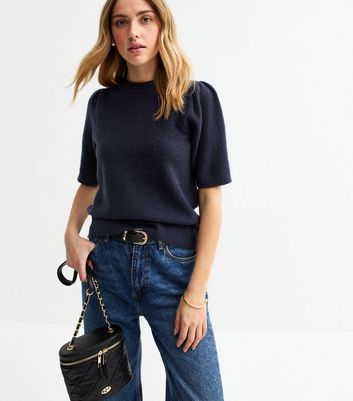 Navy Puff Sleeve Knit Top | New Look