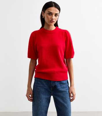 Red Puff Sleeve Knit Top 