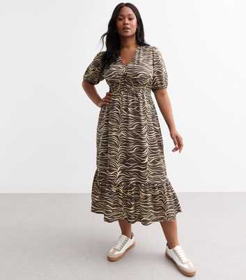 Curves Brown Zebra Print Short Sleeved Midi Dress