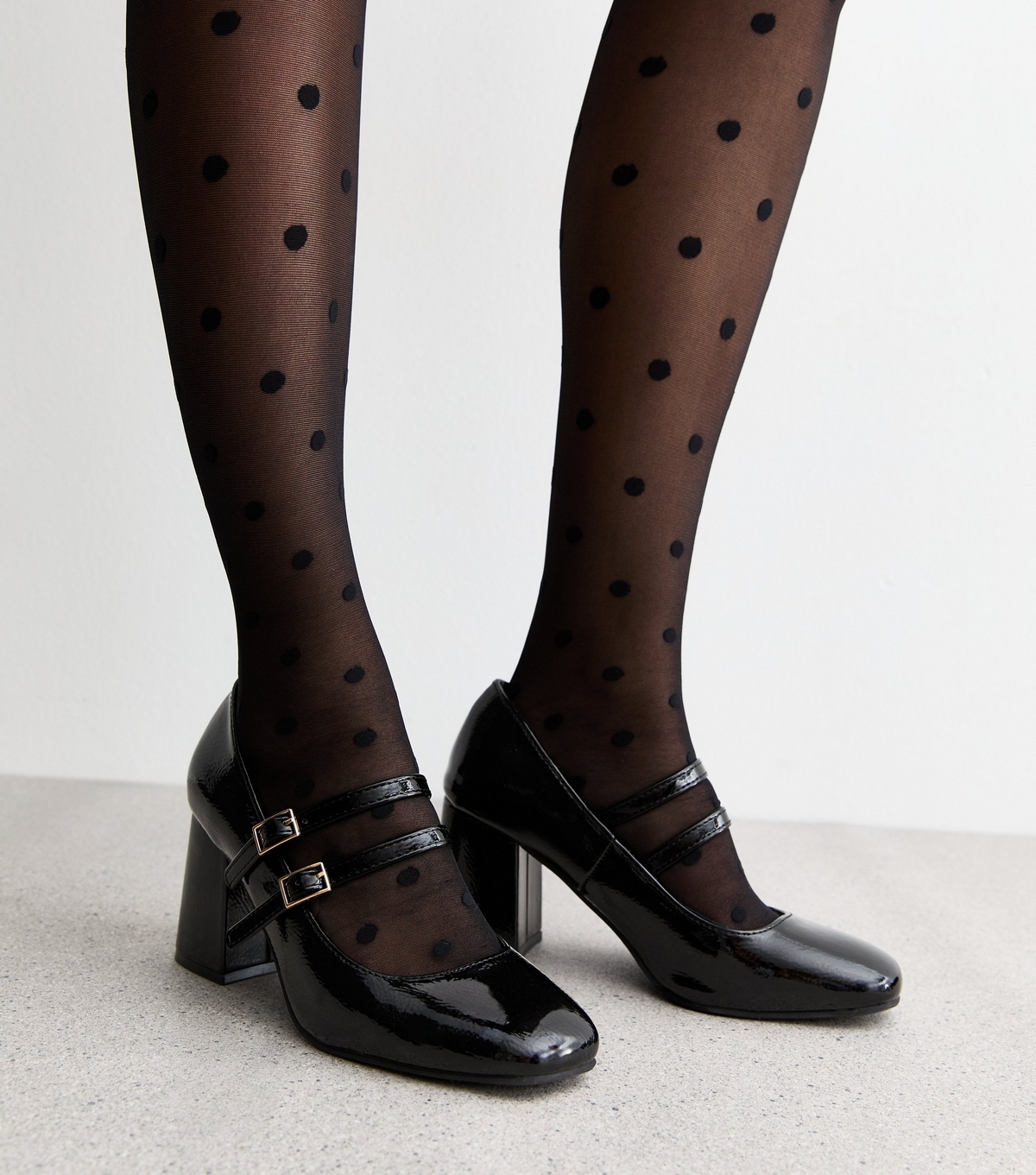 Women's Black Patent Leather-Look Heeled Look Mary Jane Shoes New Look