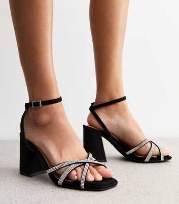 Wide Fit Black Suedette Embellished Strap Sandals