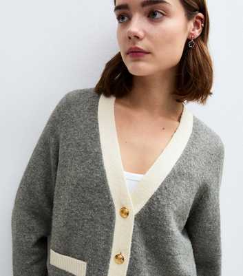 Grey Contrast Trim Brushed Knit Cardigan