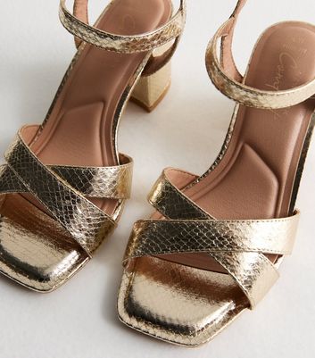 Wide Fit Gold Snake Effect Block Heel Sandals New Look