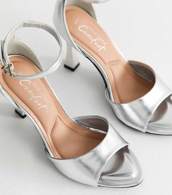 Women's Strappy High Heel Sandals – Square Toe & Ankle Strap | Silver | Size 8.5 | Modatope