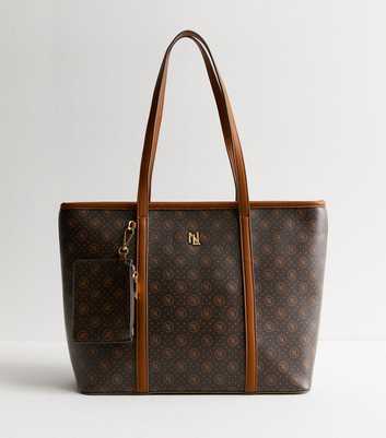 Brown Monogram Faux Leather Tote Bag