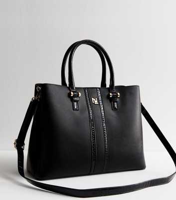 Black Crocodile Effect Trim Faux Leather Tote