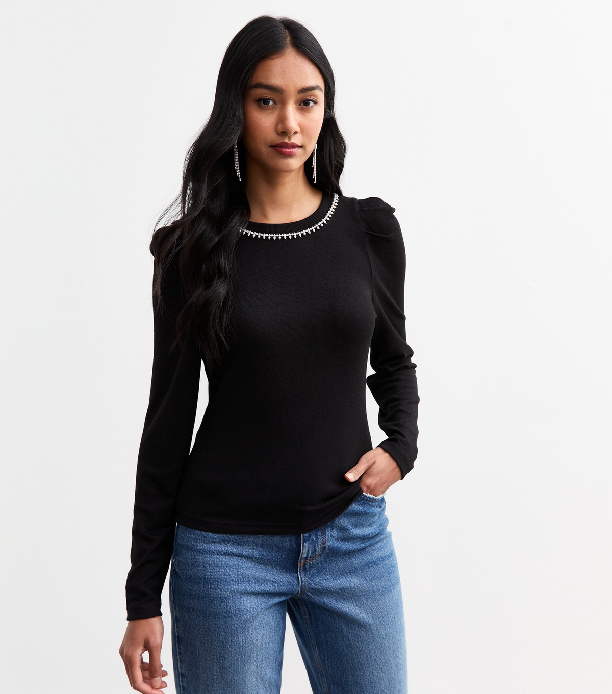 Women's Black Soft Touch Embellished Neckline Top New Look