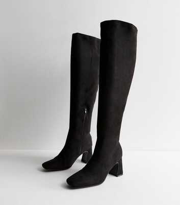 Wide Fit Black Suedette Block Heel Knee High Boots