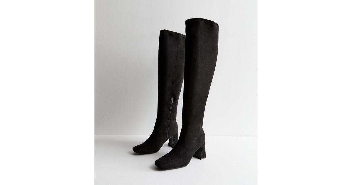 Wide Fit Black Suedette Block Heel Knee High Boots | New Look