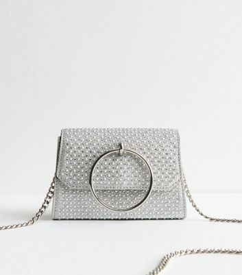 Silver Faux Pearl Embellished Clutch