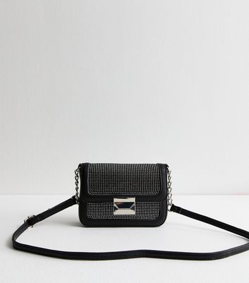 Black Crystal Embellished Faux Leather Crossbody Bag New Look