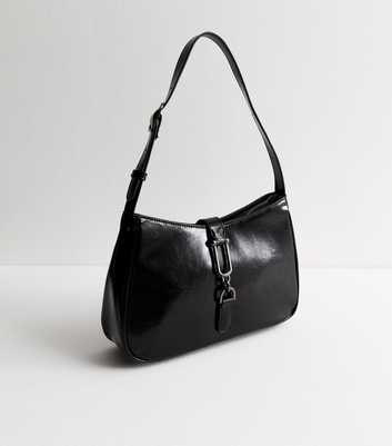 Black Link Detail Faux Leather Shoulder Bag